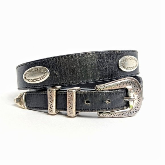 Vintage Accessories - Vintage Brighton Distressed Leather Western Belt Black Silvertone